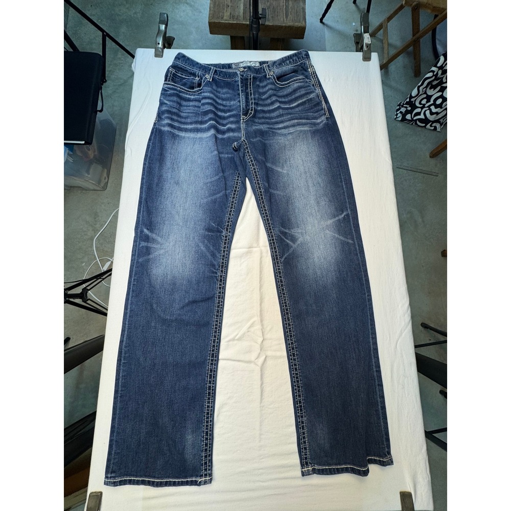 BKE Tyler Straight Mens Jeans 36XL Blue Medium Wash Thick Stitch Denim